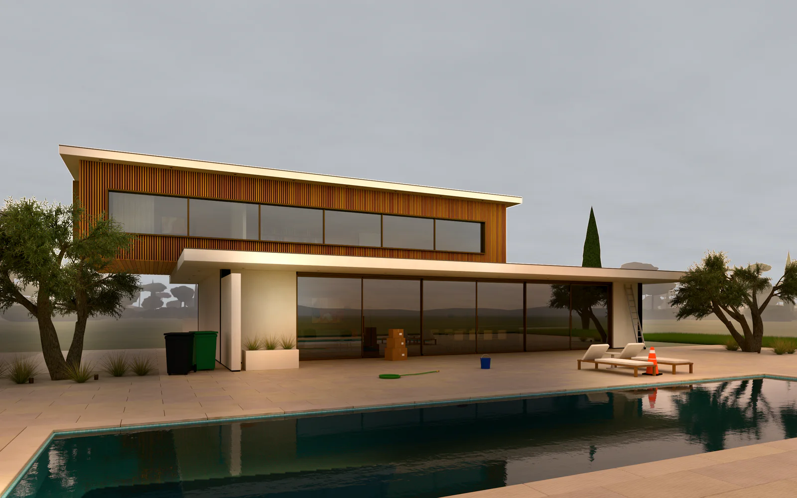 The same photo with only the golden-hour light applied: warm light on the house and the terrace, the grey sky as shot