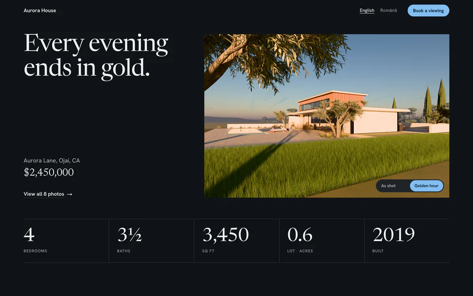 The Aurora House site on a dark page, set in a serif, with a harbour-blue accent.