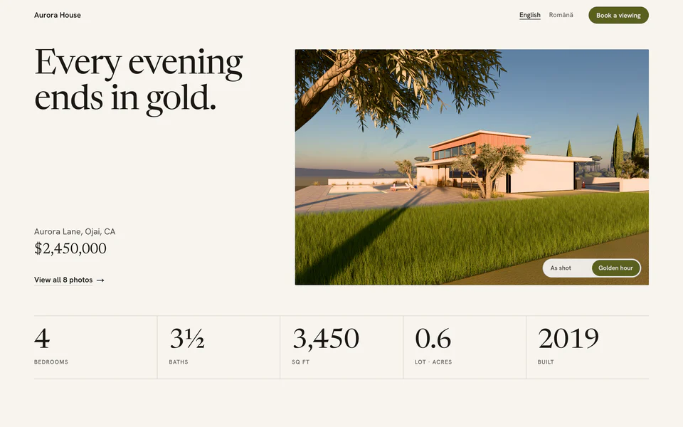 The Aurora House site on a light page, set in a serif, with an olive accent.