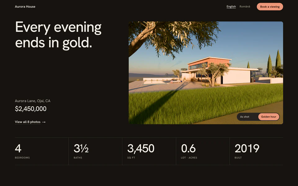 The Aurora House site on a dark page, set in a sans-serif, with a terracotta accent.