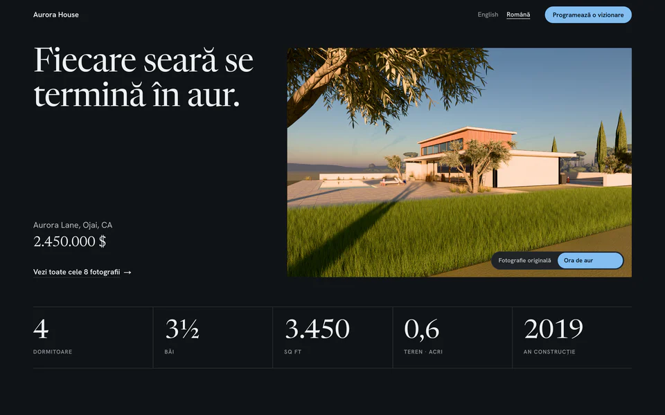 Site-ul Aurora House pe o pagină întunecată, cu litere cu serife și un accent albastru marin.