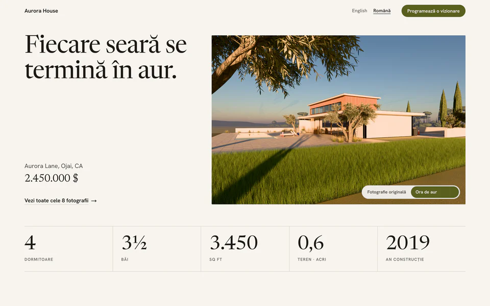 Site-ul Aurora House pe o pagină luminoasă, cu litere cu serife și un accent măsliniu.