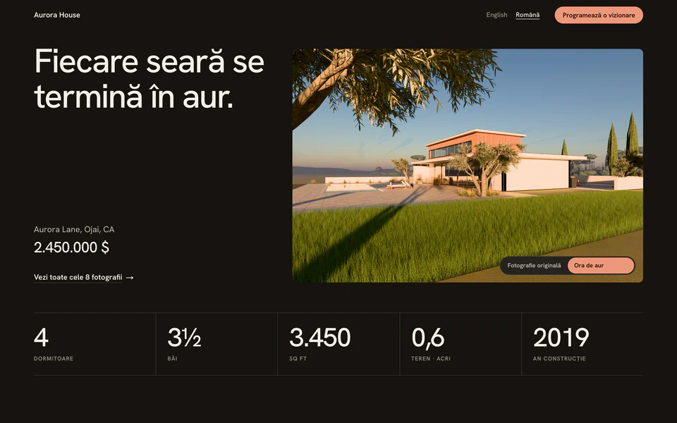 Site-ul Aurora House pe o pagină întunecată, cu litere fără serife și un accent teracotă.